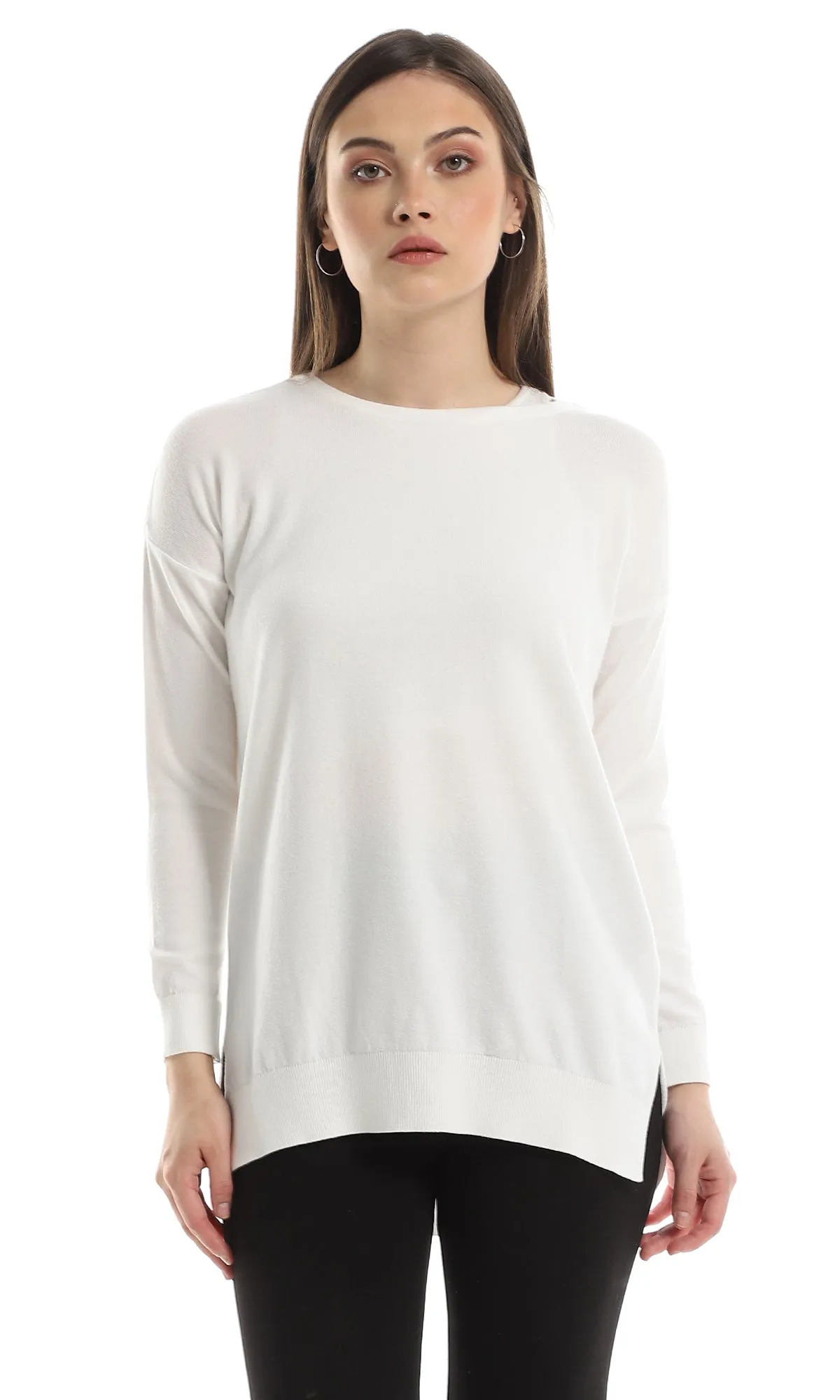 98410 High Low Round Neck Ribbed Pullover - Off White