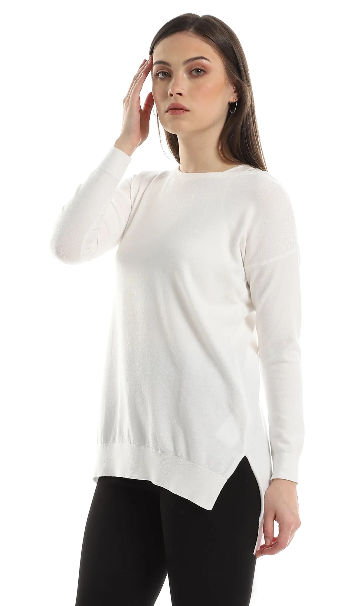 98410 High Low Round Neck Ribbed Pullover - Off White