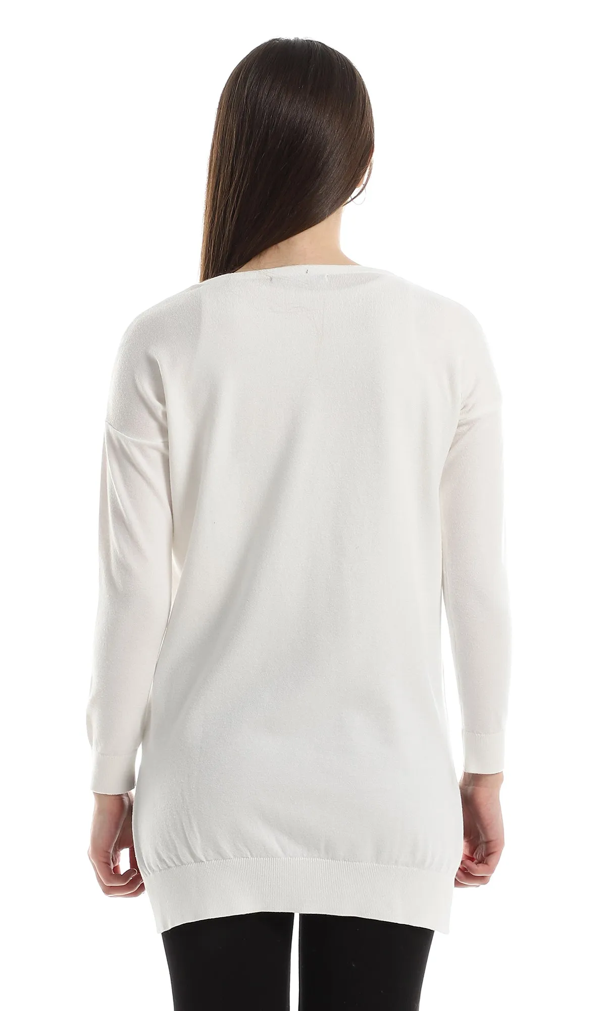 98410 High Low Round Neck Ribbed Pullover - Off White