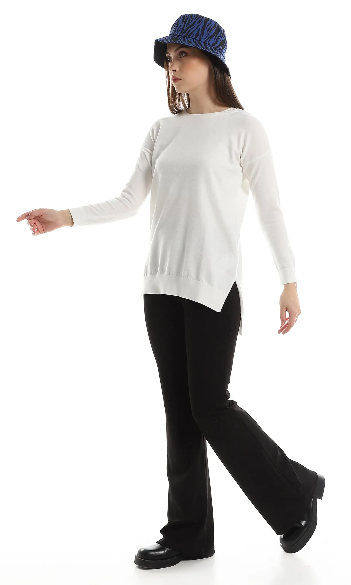 98410 High Low Round Neck Ribbed Pullover - Off White