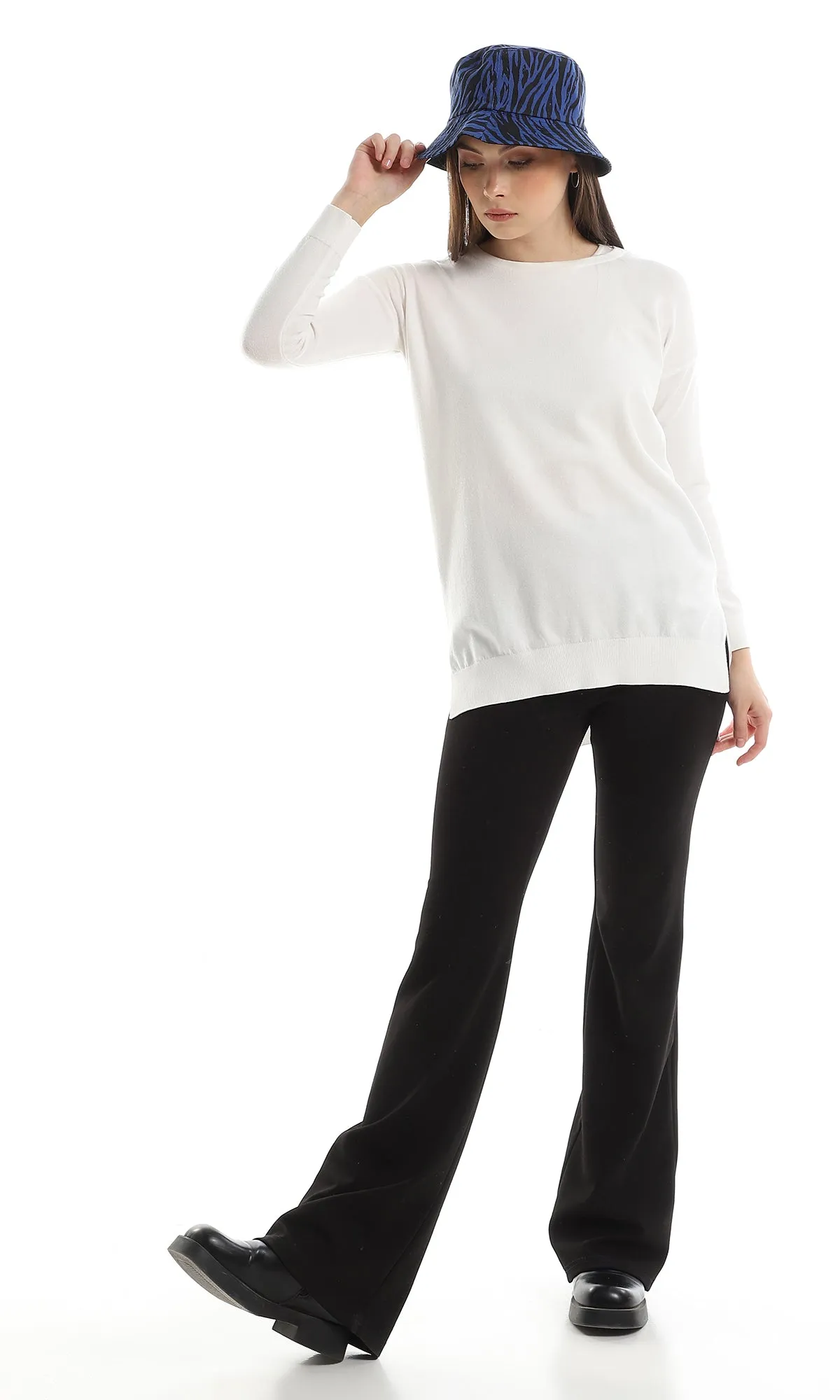 98410 High Low Round Neck Ribbed Pullover - Off White