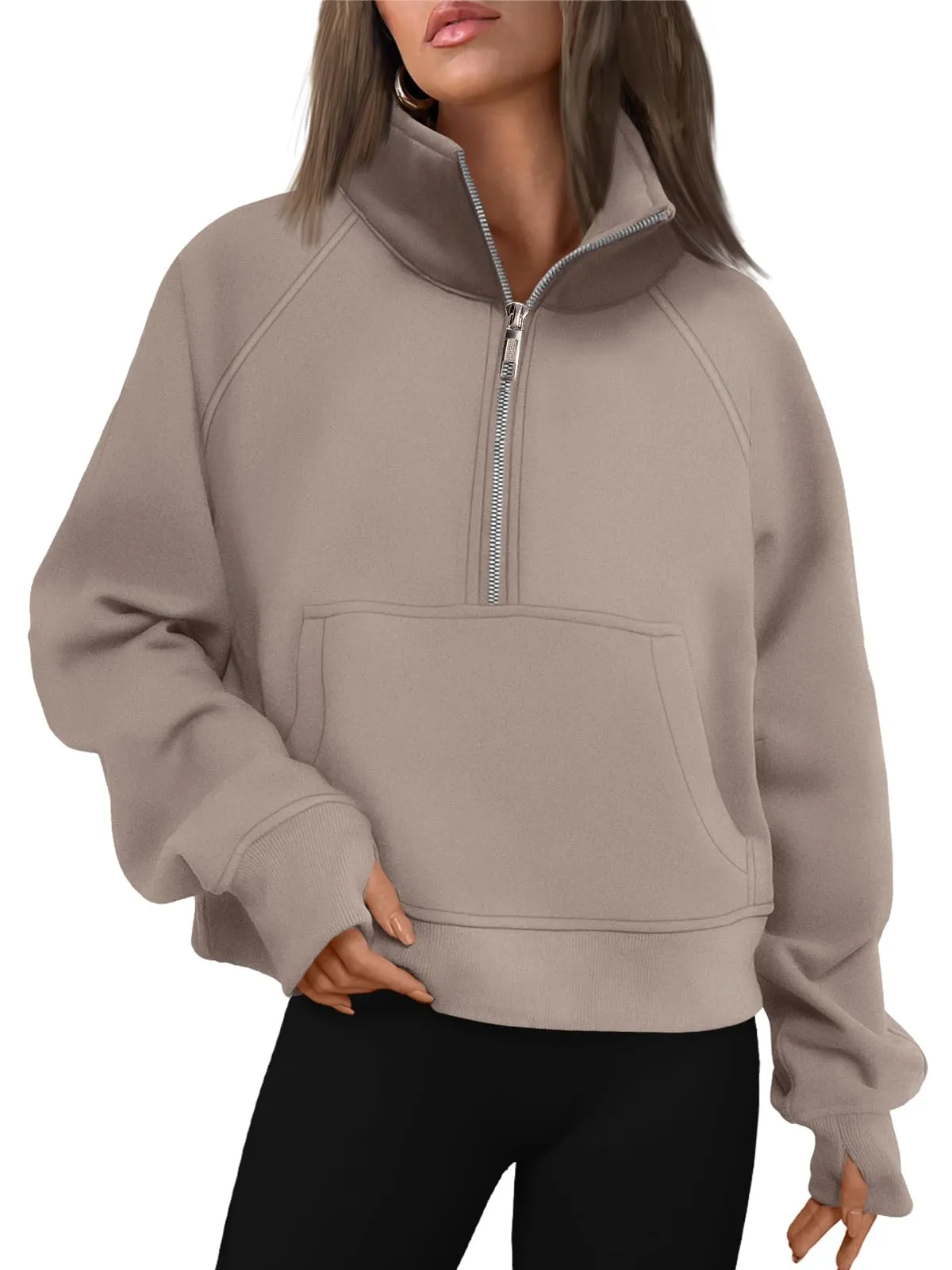 AUTOMET Fall Outfits For Women 2024 Sweatshirts Half Zip Pullover Cropped Tops Quarter Zipper Oversized Hoodies Fashion Sweaters Coffeegrey S