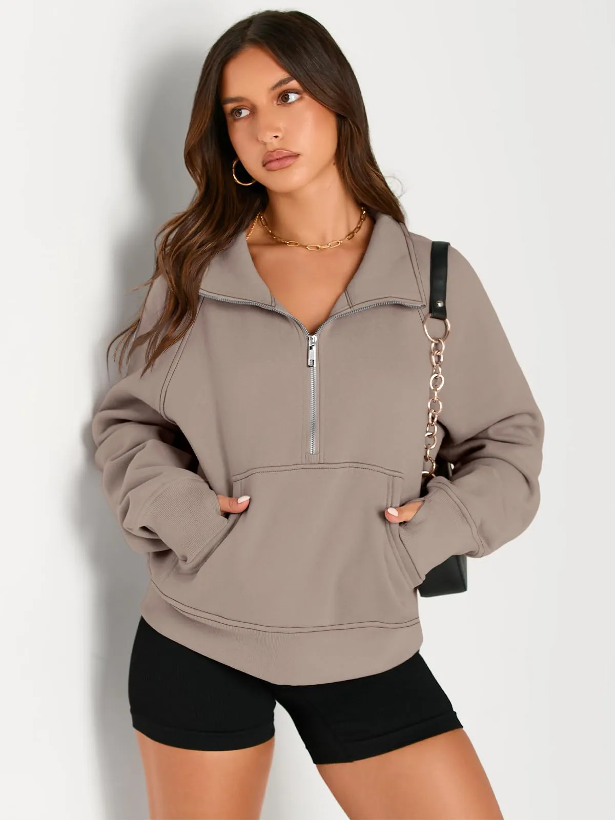 AUTOMET Fall Outfits For Women 2024 Sweatshirts Half Zip Pullover Cropped Tops Quarter Zipper Oversized Hoodies Fashion Sweaters Coffeegrey S