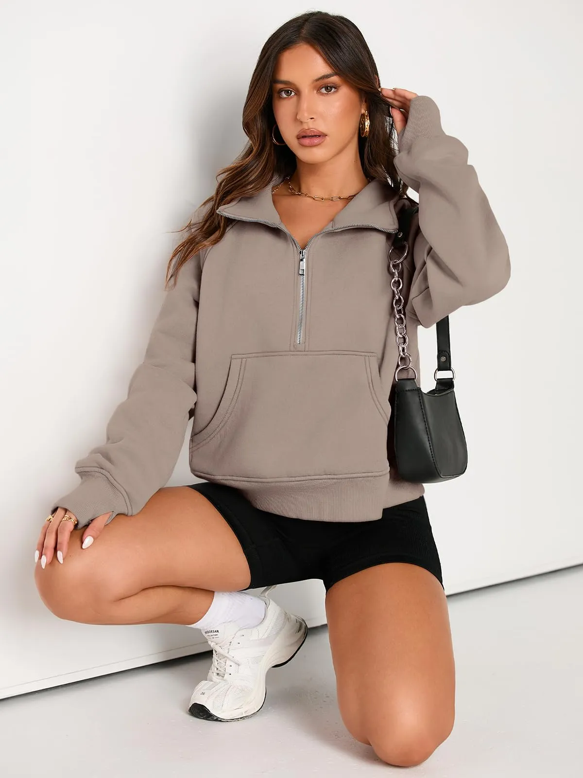 AUTOMET Fall Outfits For Women 2024 Sweatshirts Half Zip Pullover Cropped Tops Quarter Zipper Oversized Hoodies Fashion Sweaters Coffeegrey S