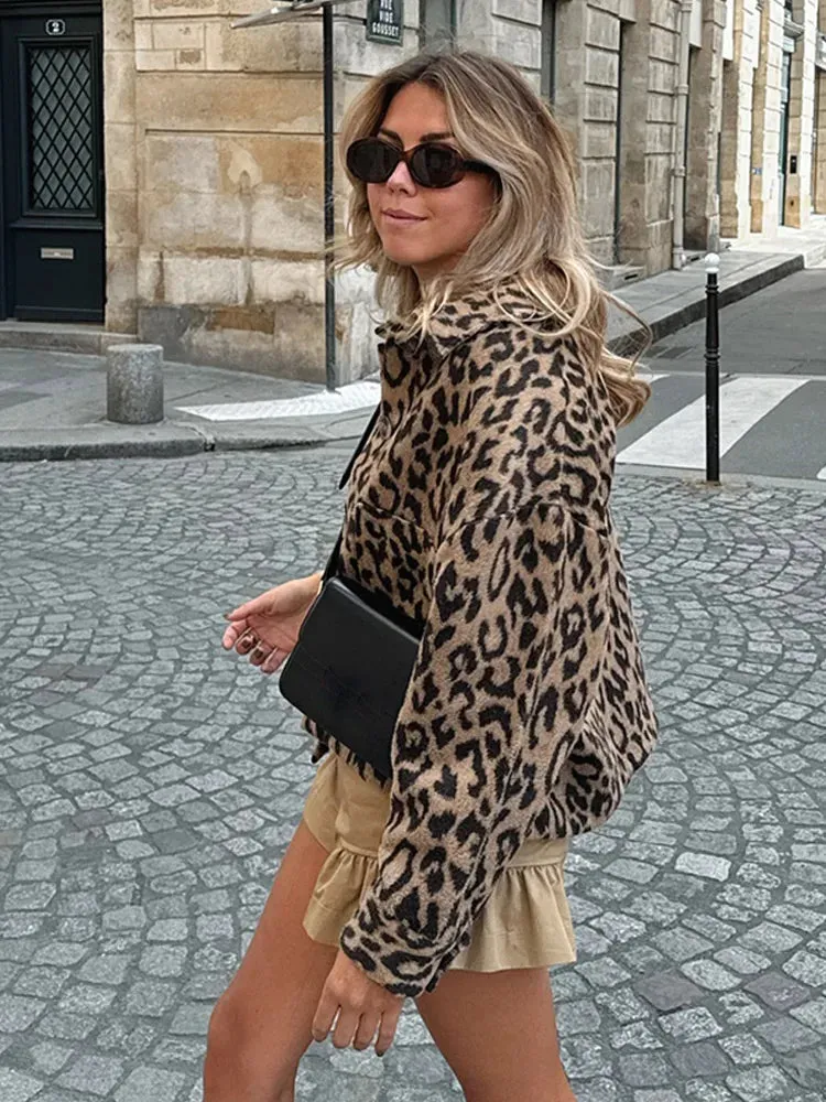 Back To School Joskaa Leopard Print Casual Single Breasted Women's Woolen Coat Elegant Collar Long Sleeved Short Jacket New High Street Woman Clothing