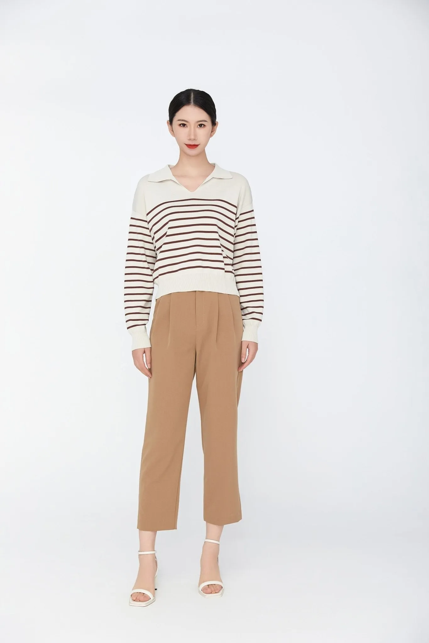 Beige Collar V-neck Striped Sweater Shirt