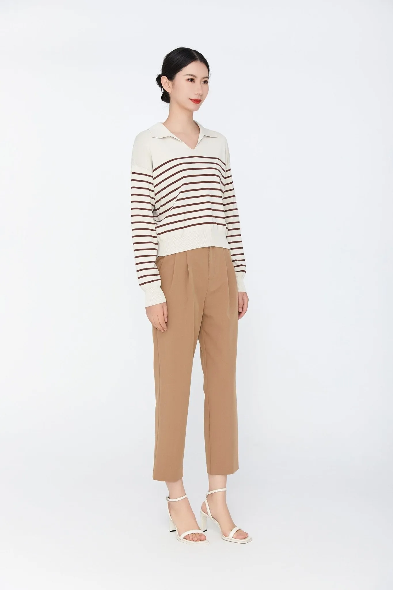 Beige Collar V-neck Striped Sweater Shirt