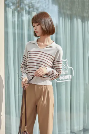 Beige Collar V-neck Striped Sweater Shirt