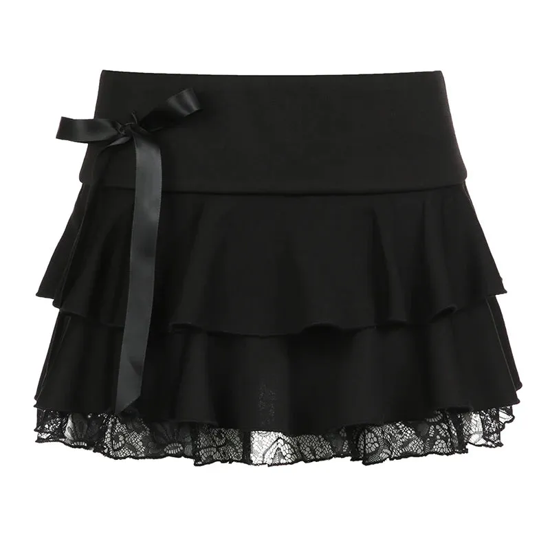 Black Dark Academia Lace A-line Mini Skirt