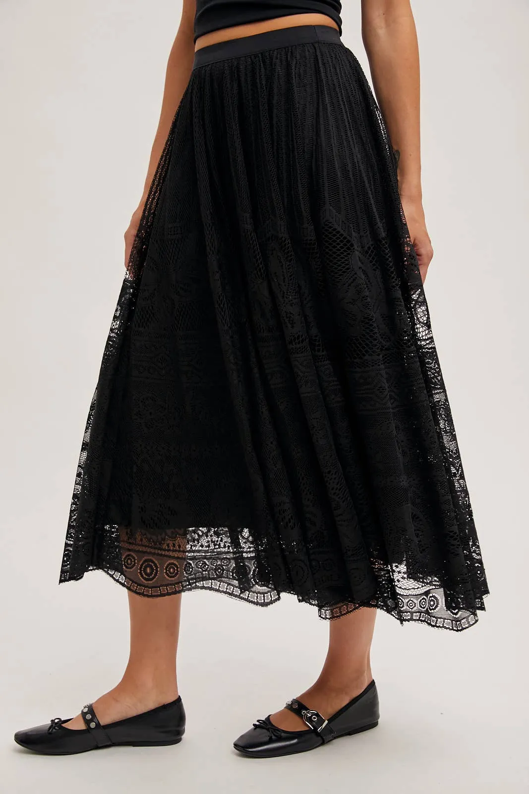 BOHO LACE MIDI SKIRT WITH LINING: Black