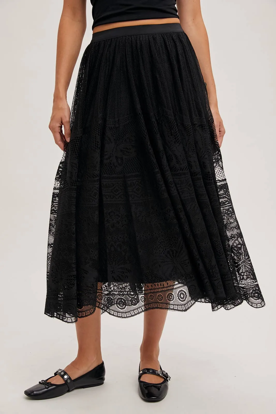 BOHO LACE MIDI SKIRT WITH LINING: Black