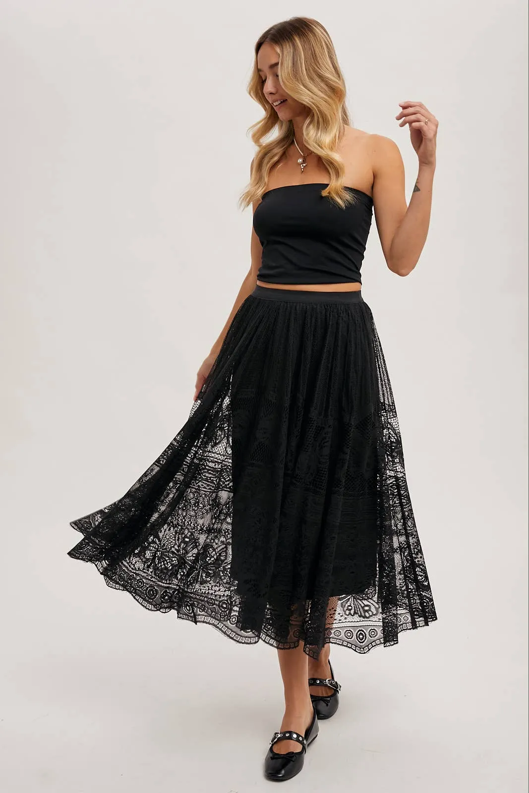 BOHO LACE MIDI SKIRT WITH LINING: Black