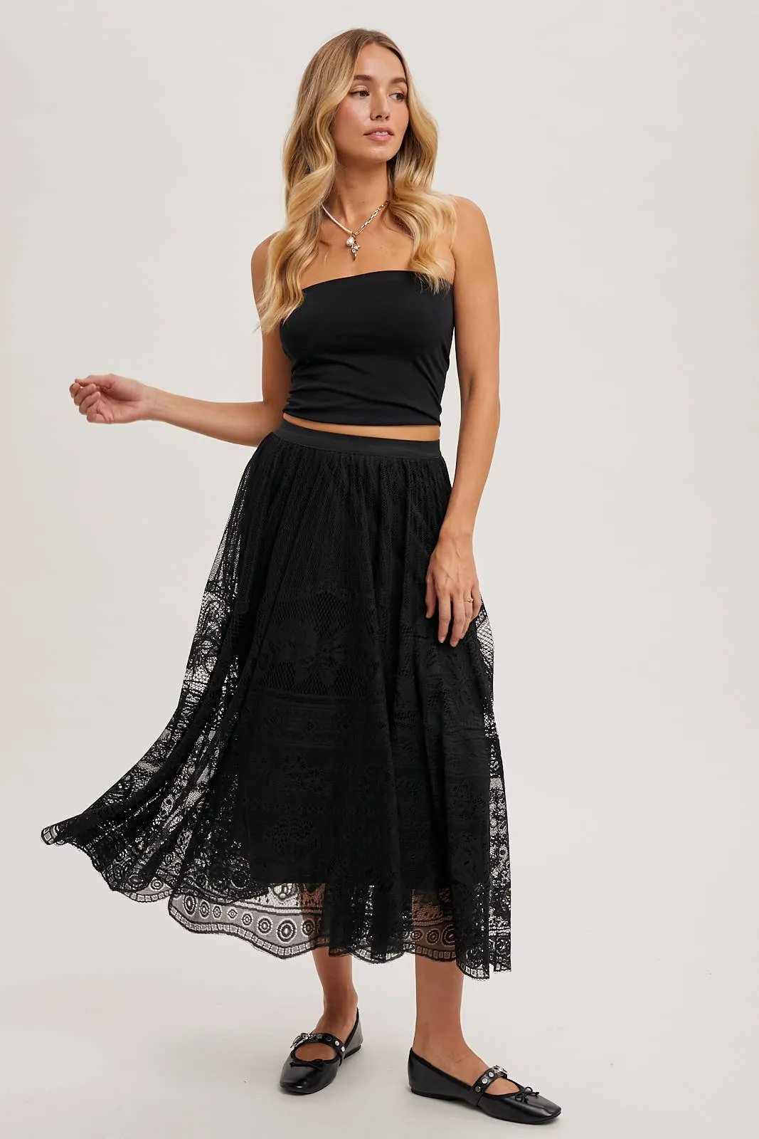 BOHO LACE MIDI SKIRT WITH LINING: Black