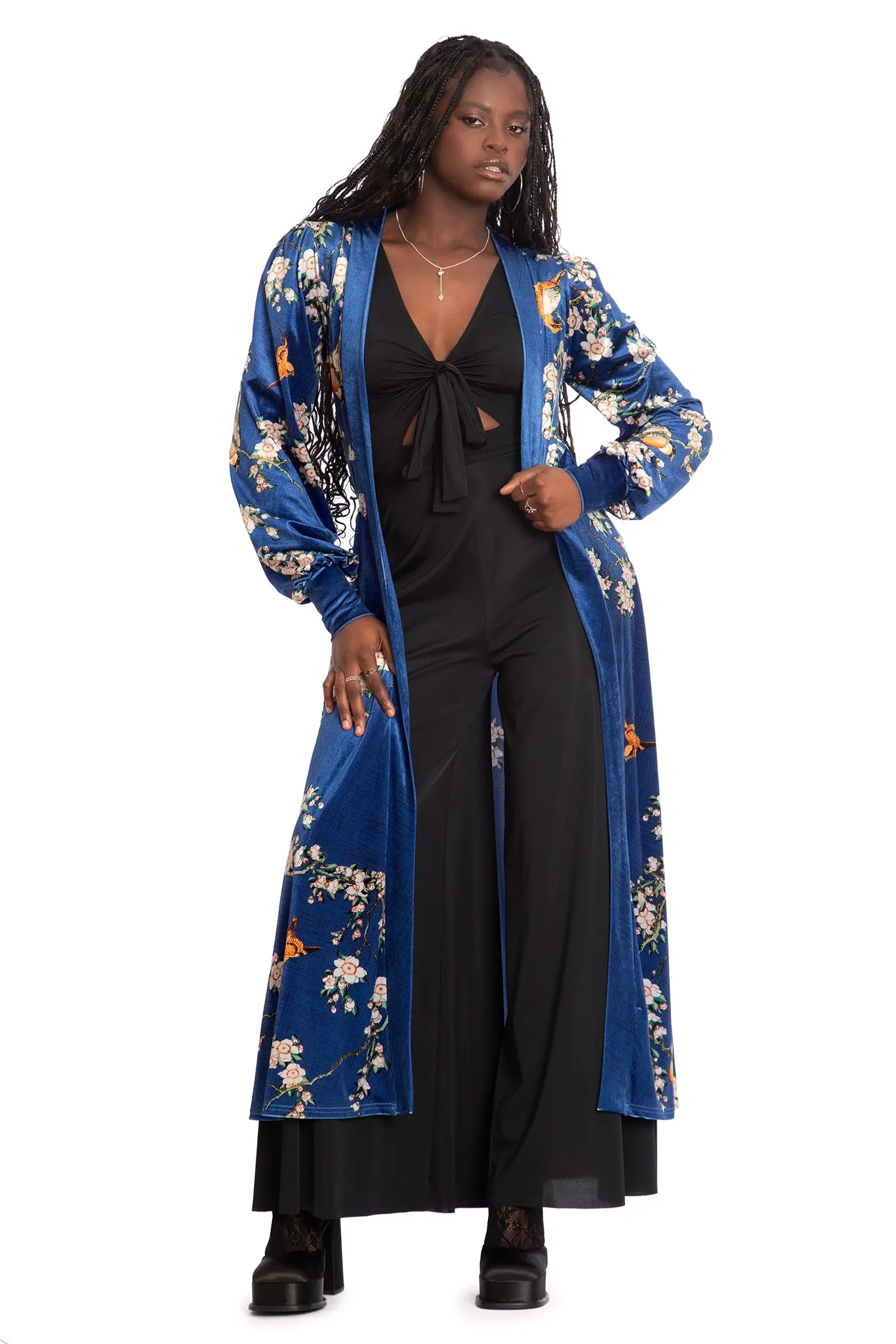 Bullfinch And Weeping Cherry Blossoms Velvet Maxi Jacket