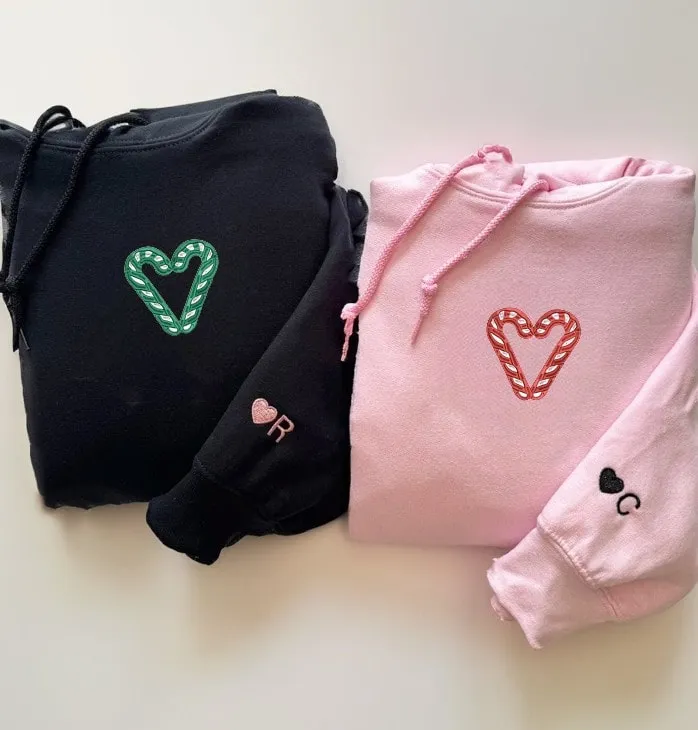 Candy Cane Heart Embroidered Couple Hoodies - Custom Embroidered Christmas Sweatshirts For Couples