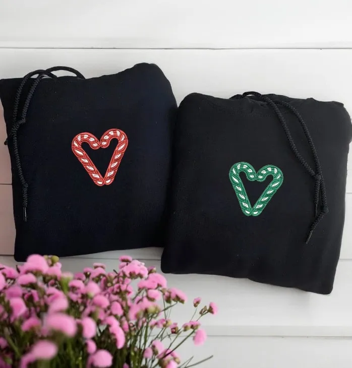 Candy Cane Heart Embroidered Couple Hoodies - Custom Embroidered Christmas Sweatshirts For Couples