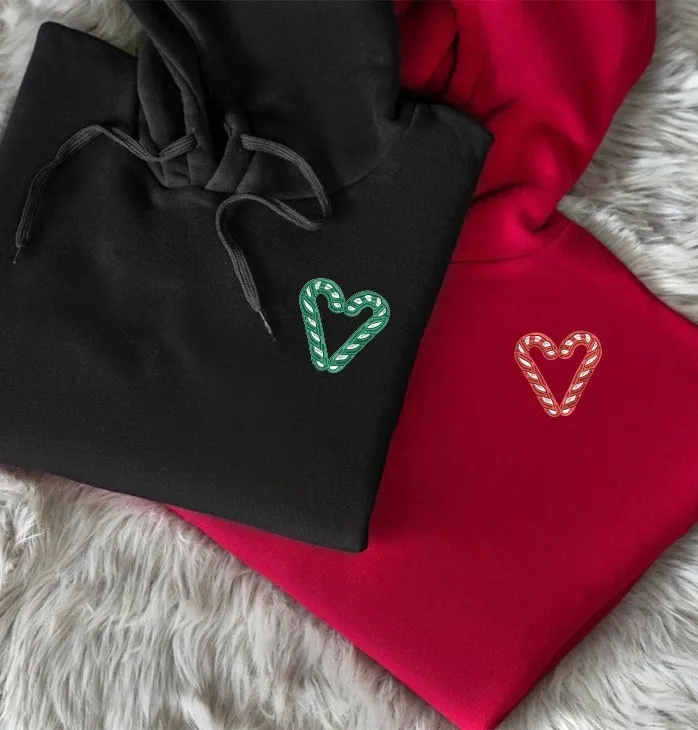 Candy Cane Heart Embroidered Couple Hoodies - Custom Embroidered Christmas Sweatshirts For Couples