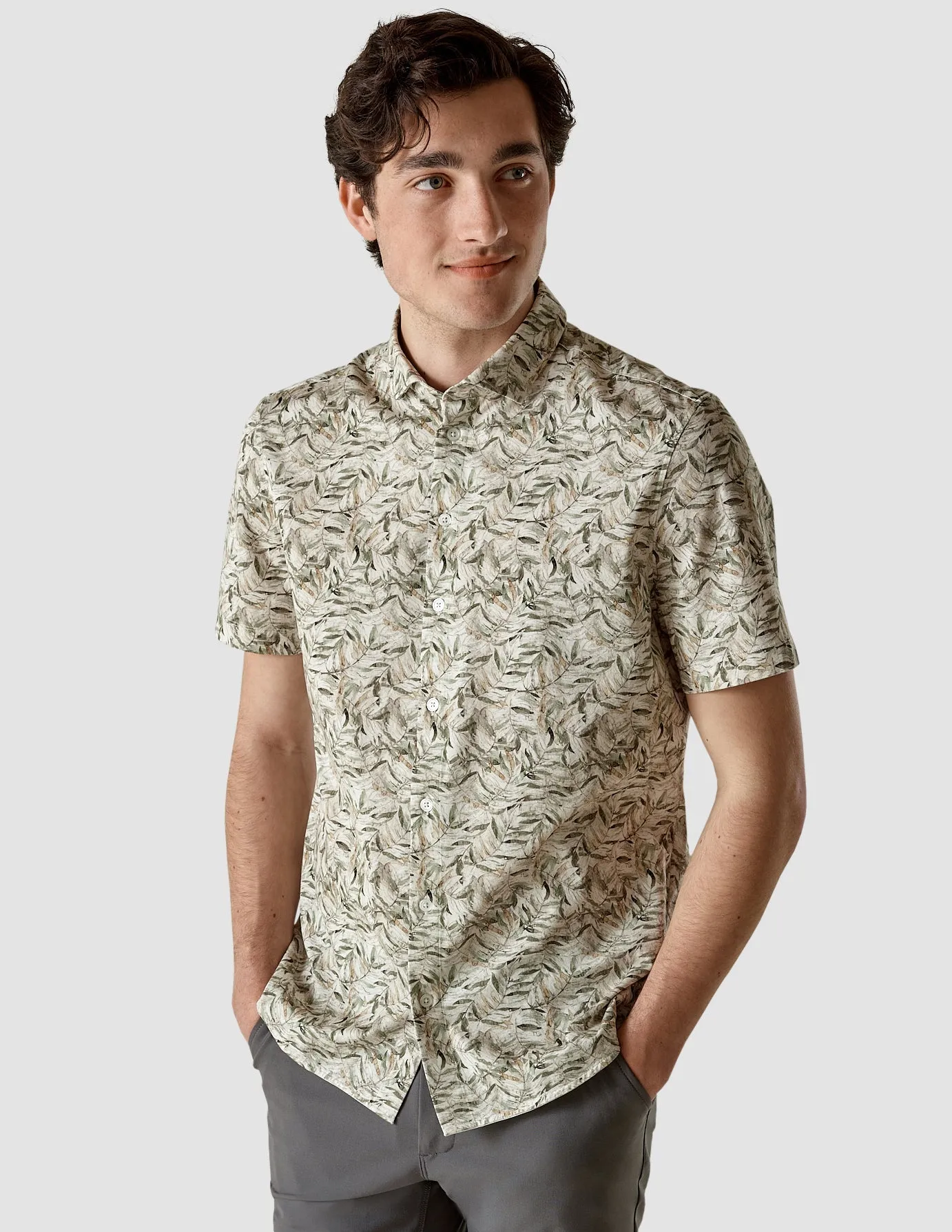 Classic Short-Sleeved Patterned Shirt Dried Leaves