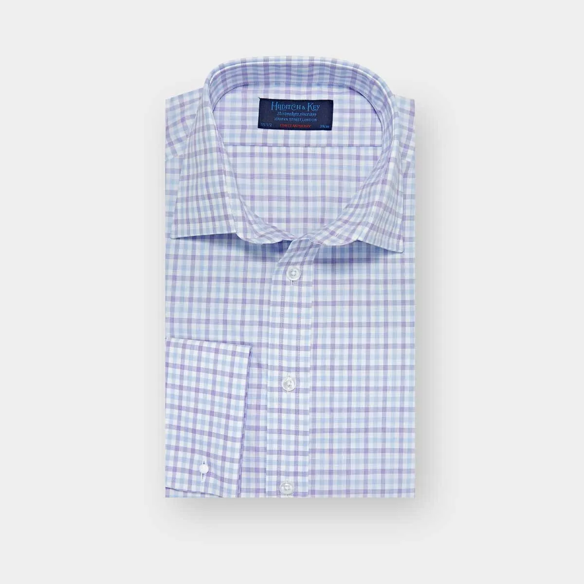 Contemporary Fit White, Purple & Navy Overcheck Cotton Shirt with Classic Collar & Double Cuff