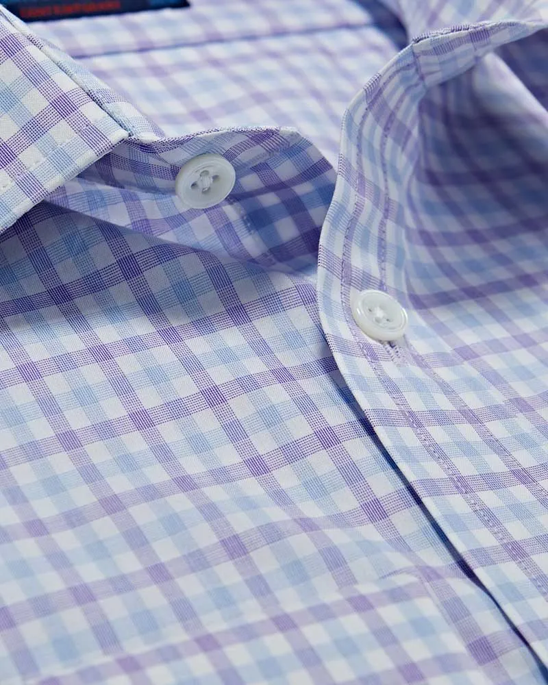 Contemporary Fit White, Purple & Navy Overcheck Cotton Shirt with Classic Collar & Double Cuff