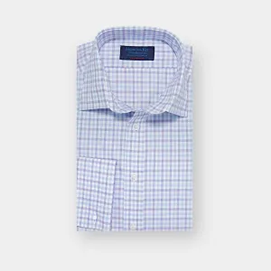 Contemporary Fit White, Purple & Navy Overcheck Cotton Shirt with Classic Collar & Double Cuff