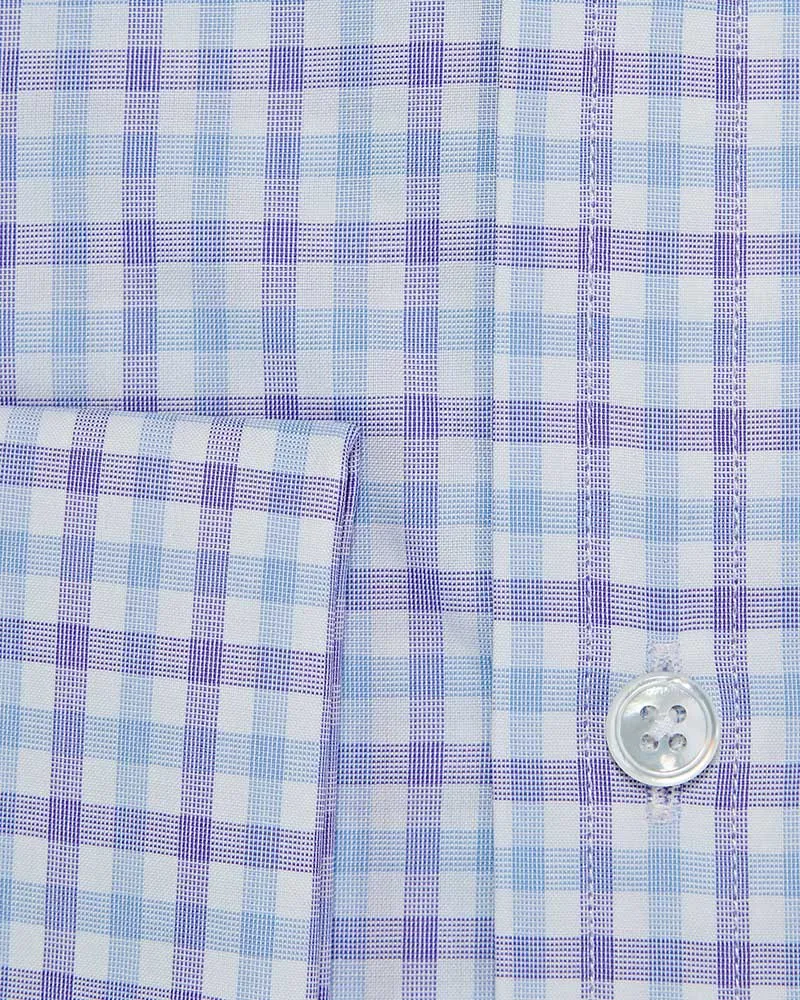 Contemporary Fit White, Purple & Navy Overcheck Cotton Shirt with Classic Collar & Double Cuff