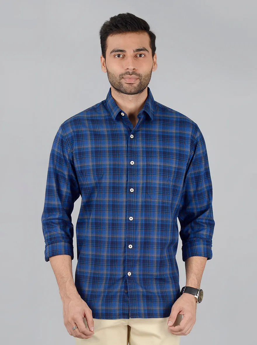 Dark Blue Checked Classic Fit Casual Shirt | Greenfibre