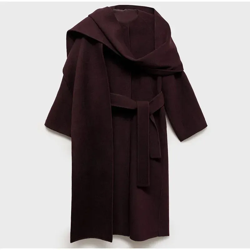 Elegant Burgundy Red Scarf Collar Woolen Overcoat Women 2024 Fashion Lace Up Long Sleeved Jacket Female Oversized Outerwear