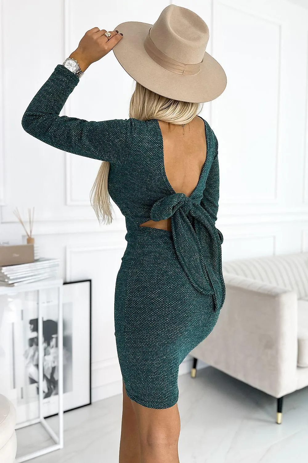 Elegant Green Sweater Dress with Charming Bow Detail by Numoco