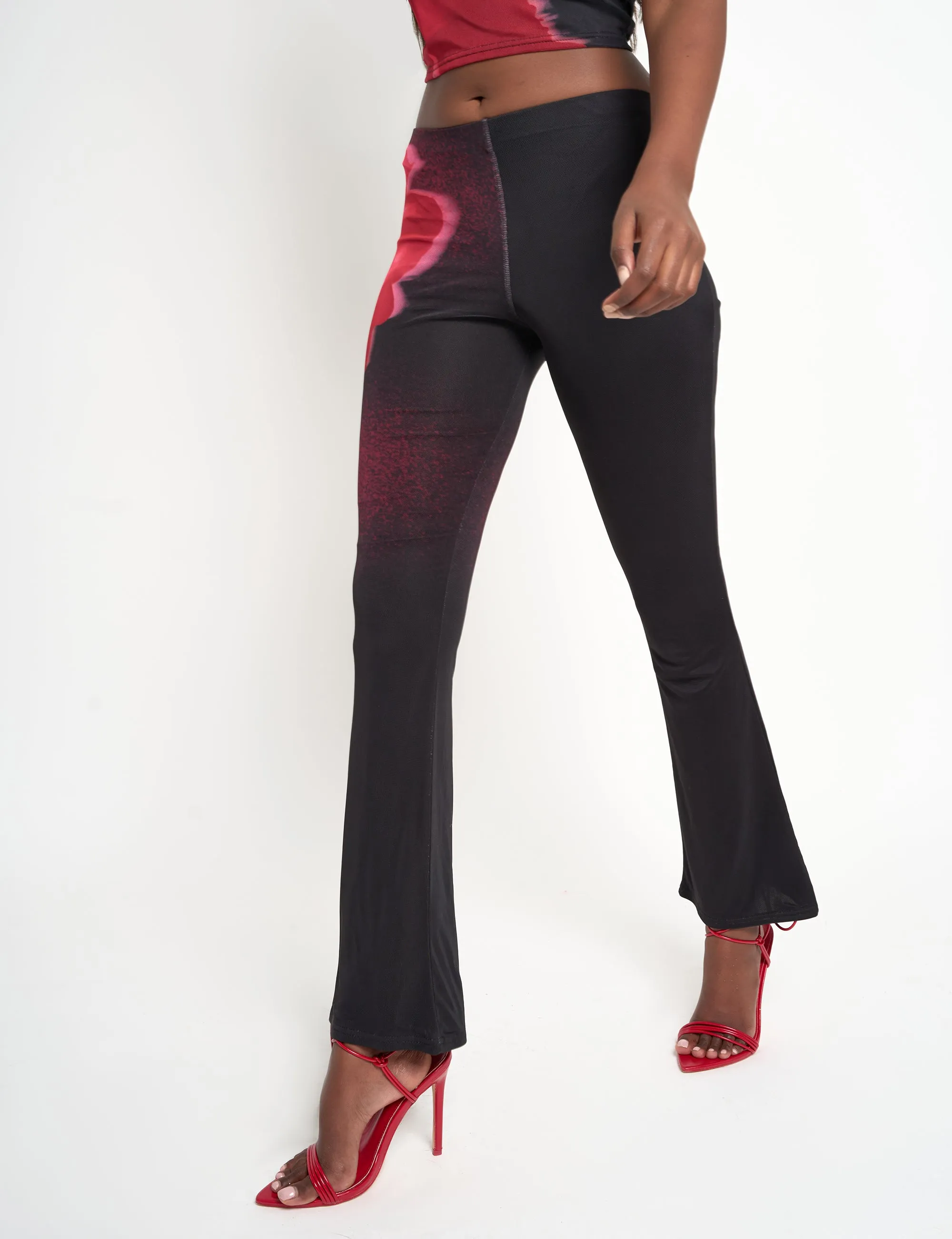 Floral Print Slinky Flared Trousers Black