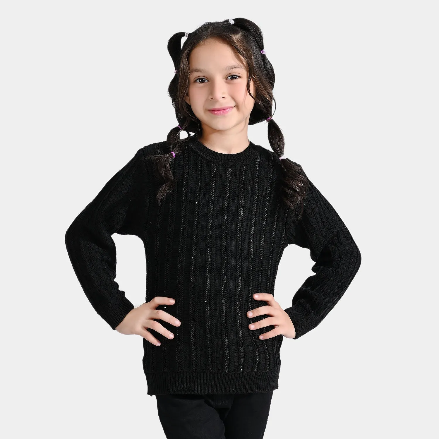 Girls Acrylic-Sequence Sweater Stripe-BLACK