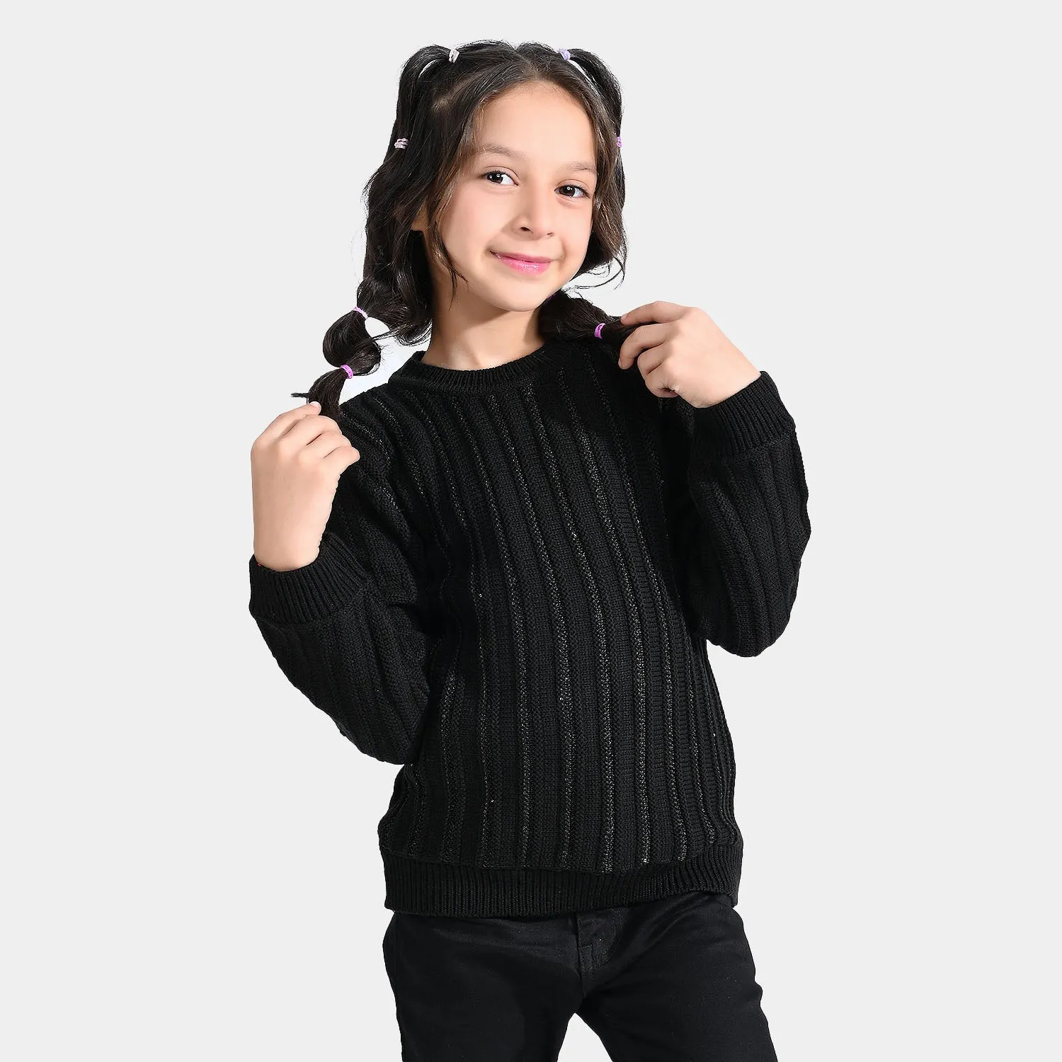 Girls Acrylic-Sequence Sweater Stripe-BLACK