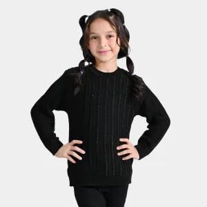 Girls Acrylic-Sequence Sweater Stripe-BLACK