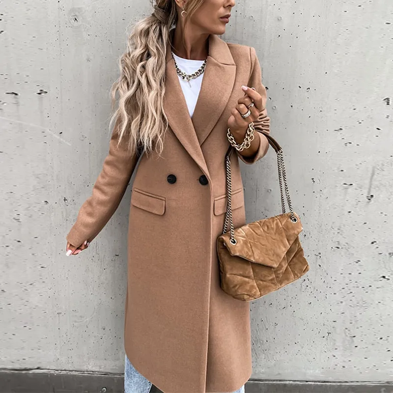 Joskaa New Fashion Elegant Women Long Overcoat Autumn Winter Turn-Down Collar Woolen Coat Tops Office Lady Casual Loose Outwear