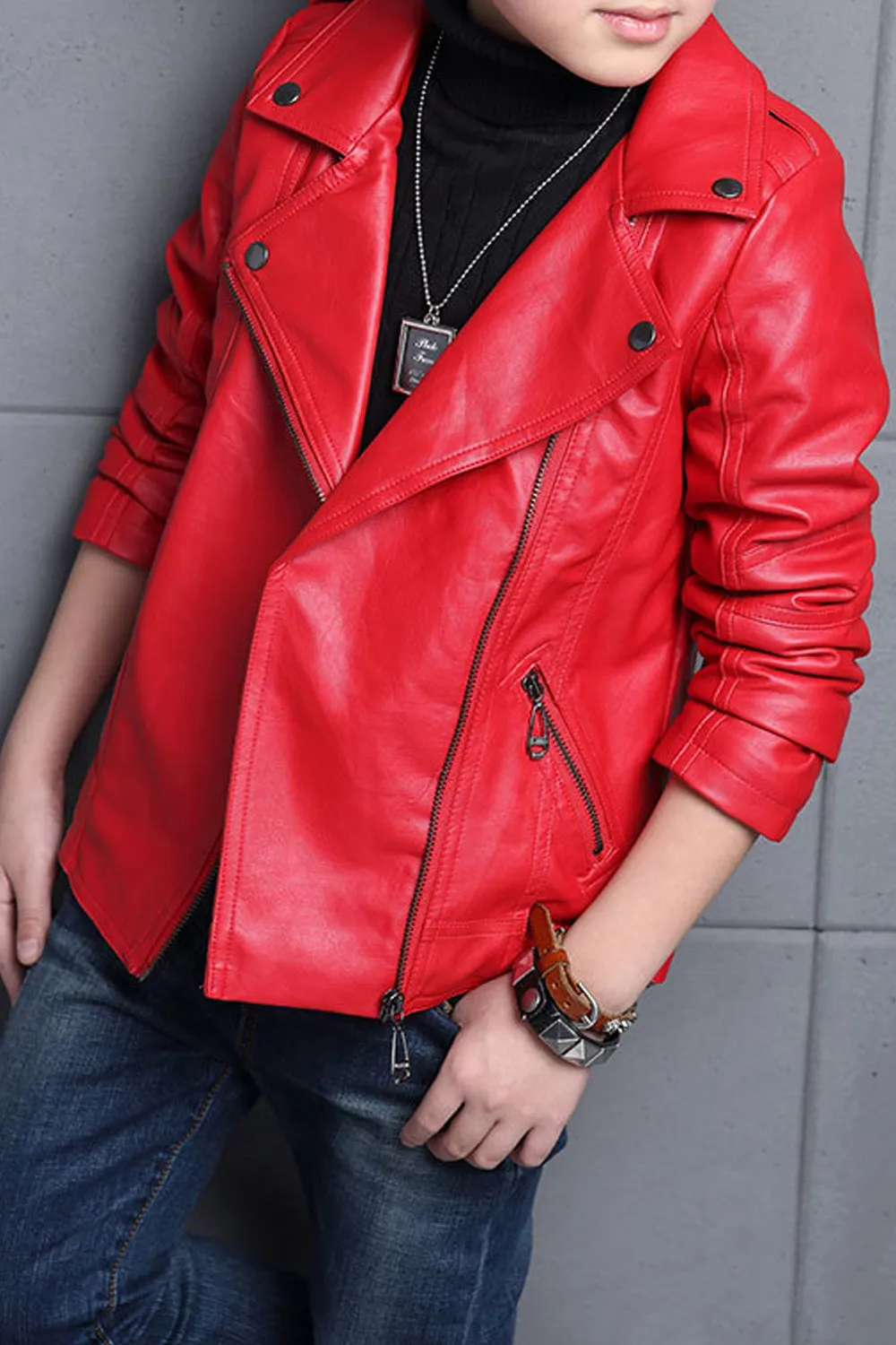 Kids Boys Elegant Solid Colored Collar Neck Cute Leather Jacket - KBLJ90274