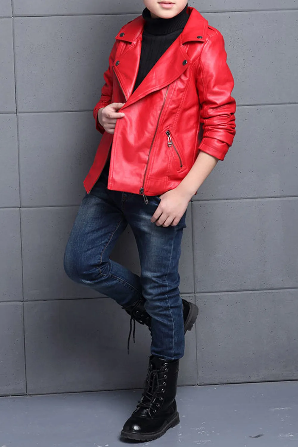 Kids Boys Elegant Solid Colored Collar Neck Cute Leather Jacket - KBLJ90274