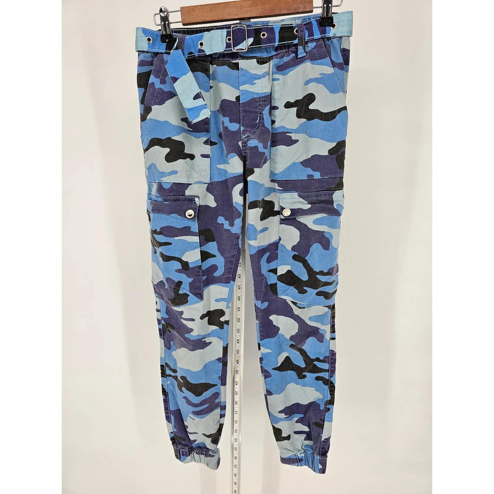 Kreamy Womens Sz L Cargo Jogger Pants Blue Camo Camouflage Belted