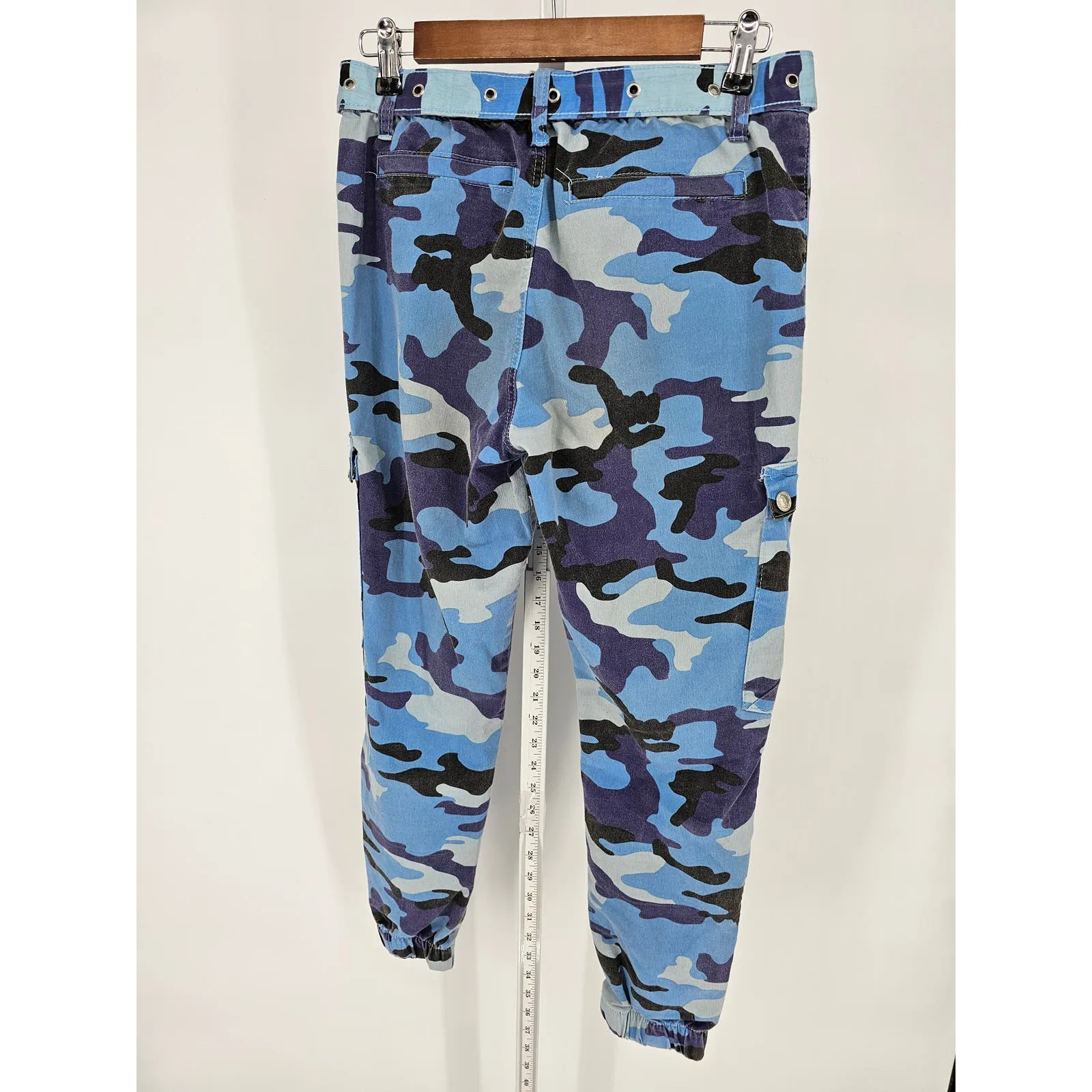 Kreamy Womens Sz L Cargo Jogger Pants Blue Camo Camouflage Belted