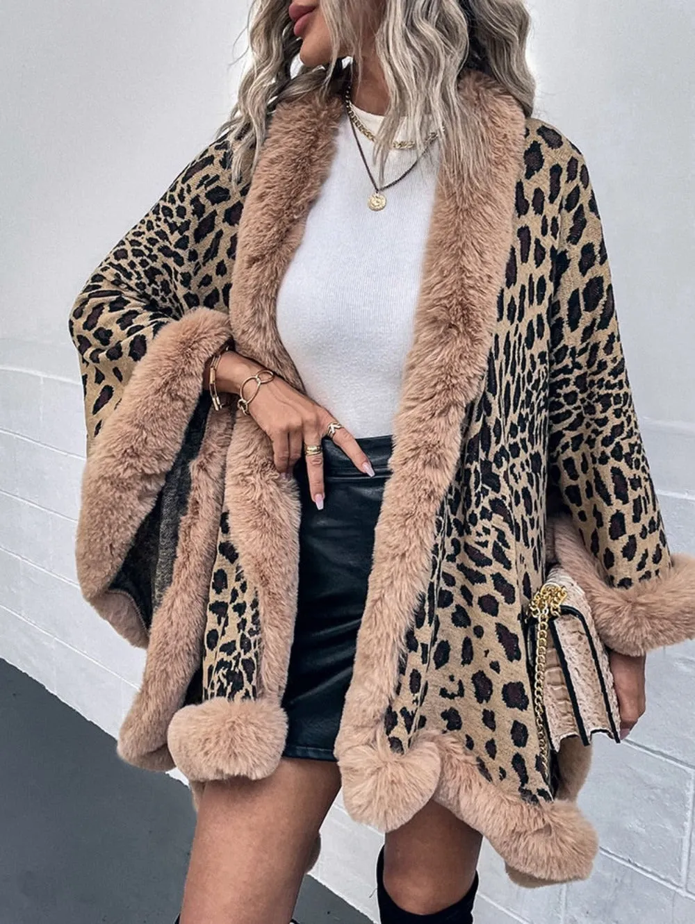 Leopard Print Fur Collar Cape Cardigan