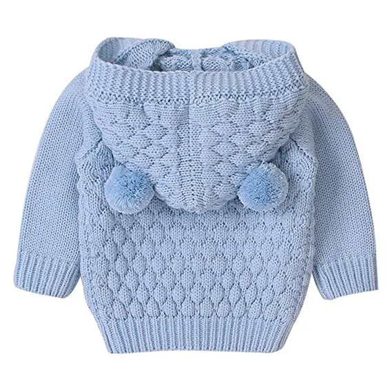 Little Surprise Box Infants Baby Blue Knitted Cardigan Sweater with Pom Pom Hoodie-12-18M