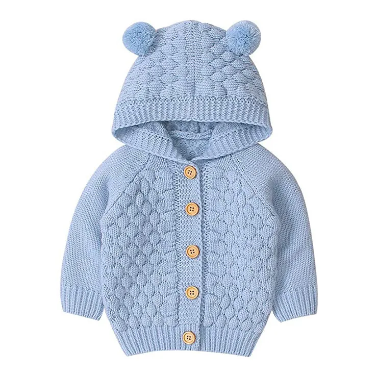 Little Surprise Box Infants Baby Blue Knitted Cardigan Sweater with Pom Pom Hoodie-12-18M