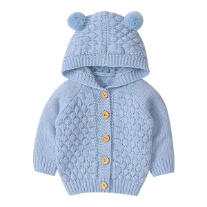 Little Surprise Box Infants Baby Blue Knitted Cardigan Sweater with Pom Pom Hoodie-12-18M