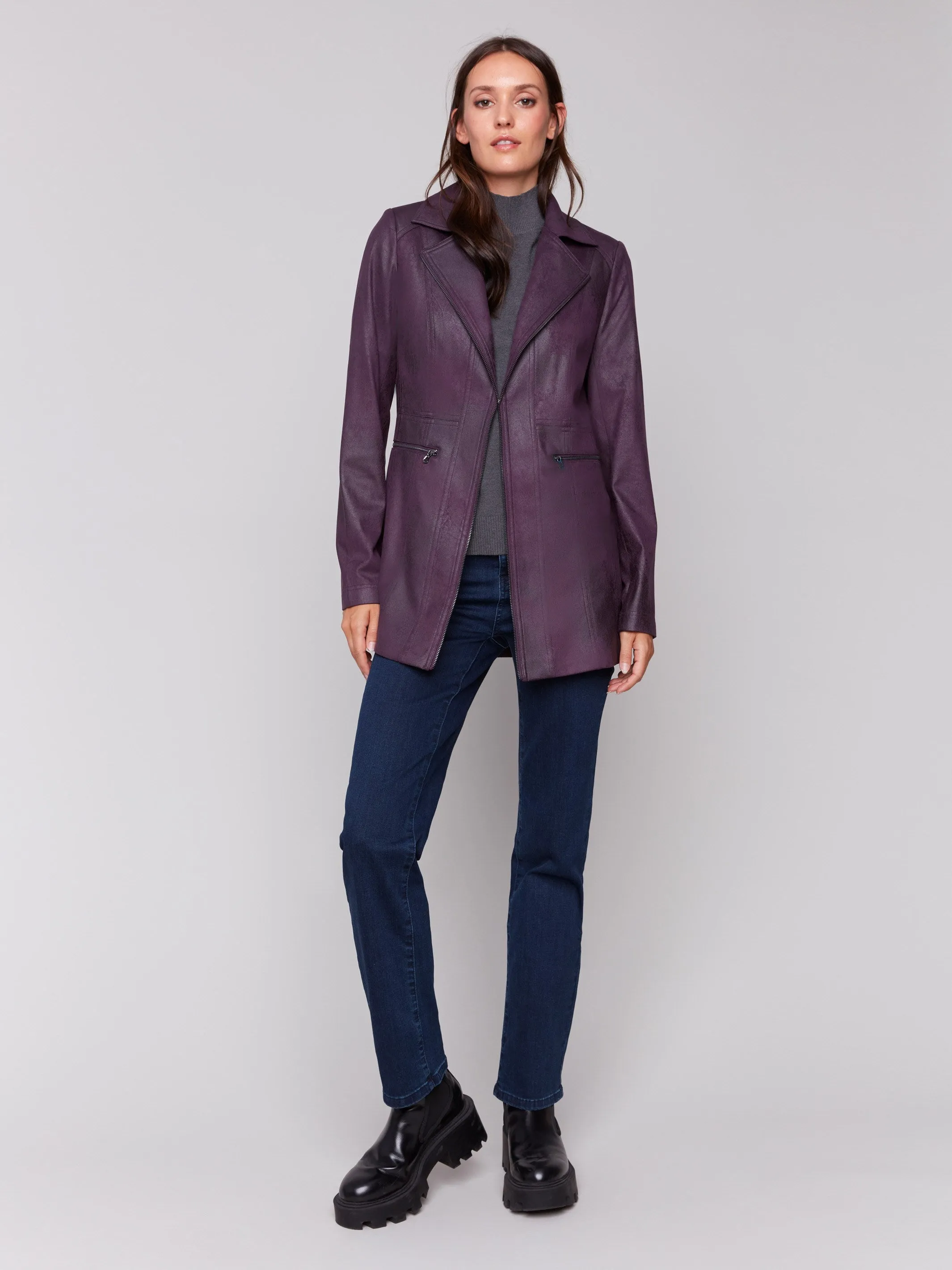 Long Vintage Faux Suede Jacket - Plum