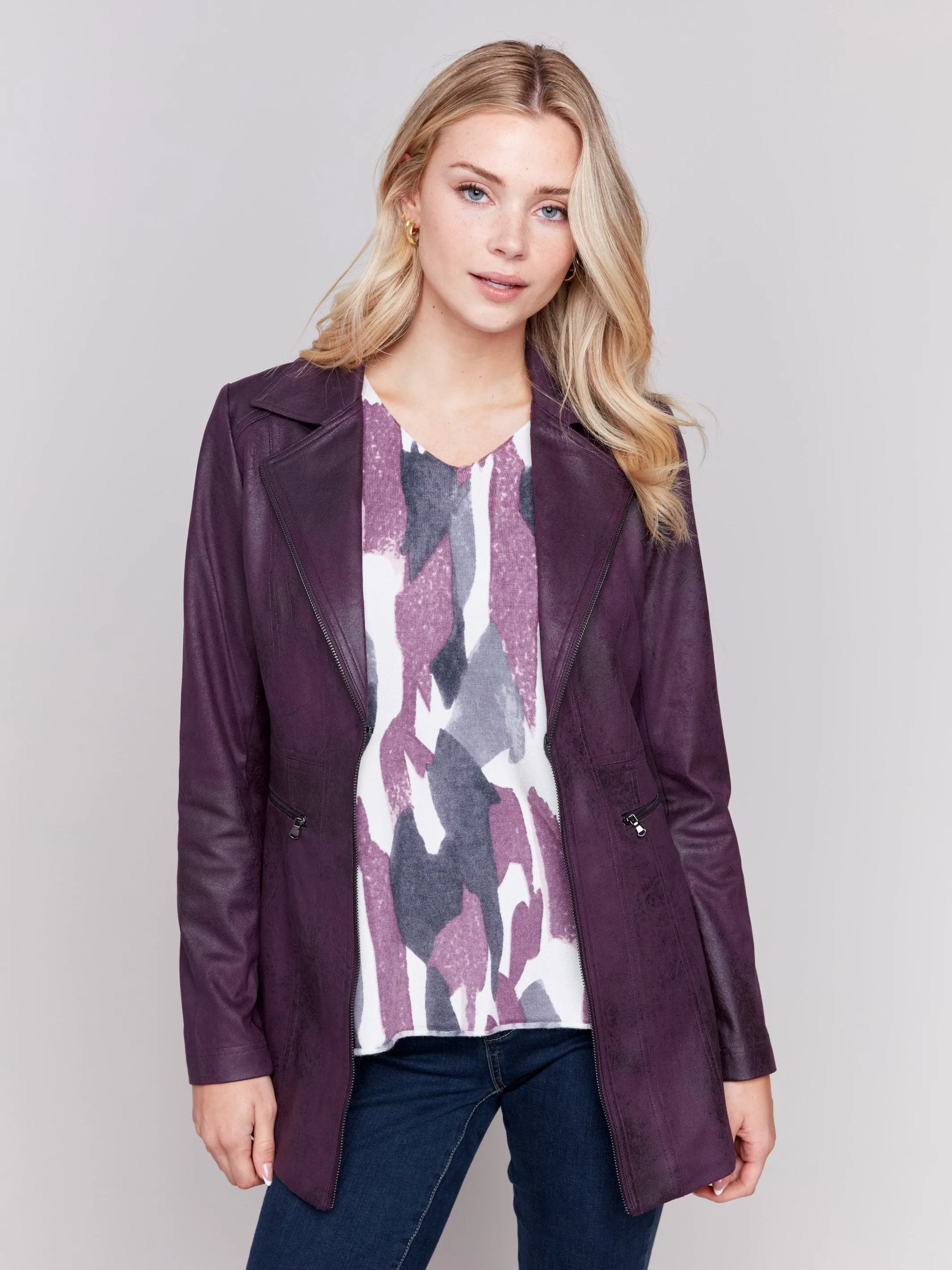 Long Vintage Faux Suede Jacket - Plum