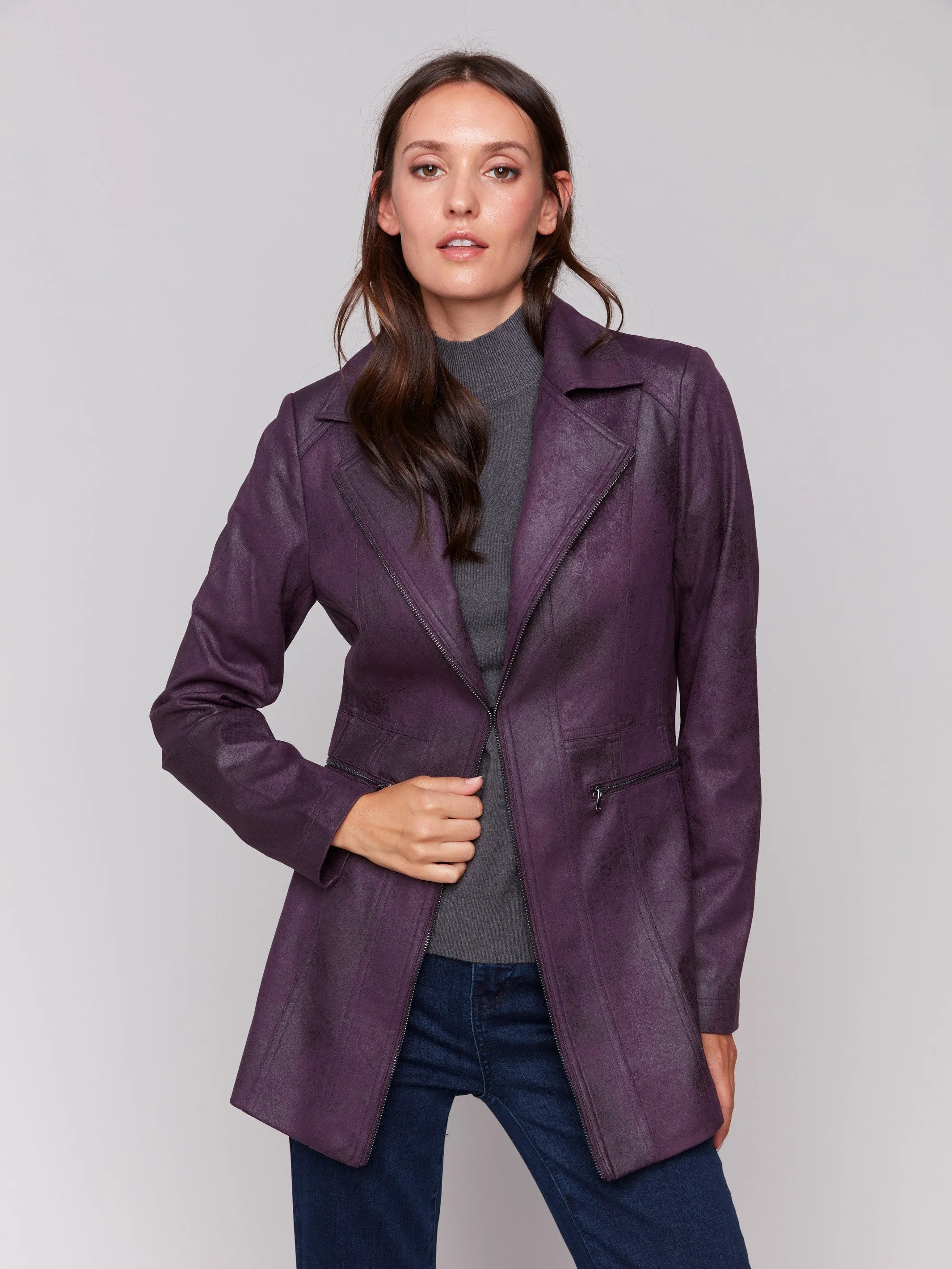 Long Vintage Faux Suede Jacket - Plum