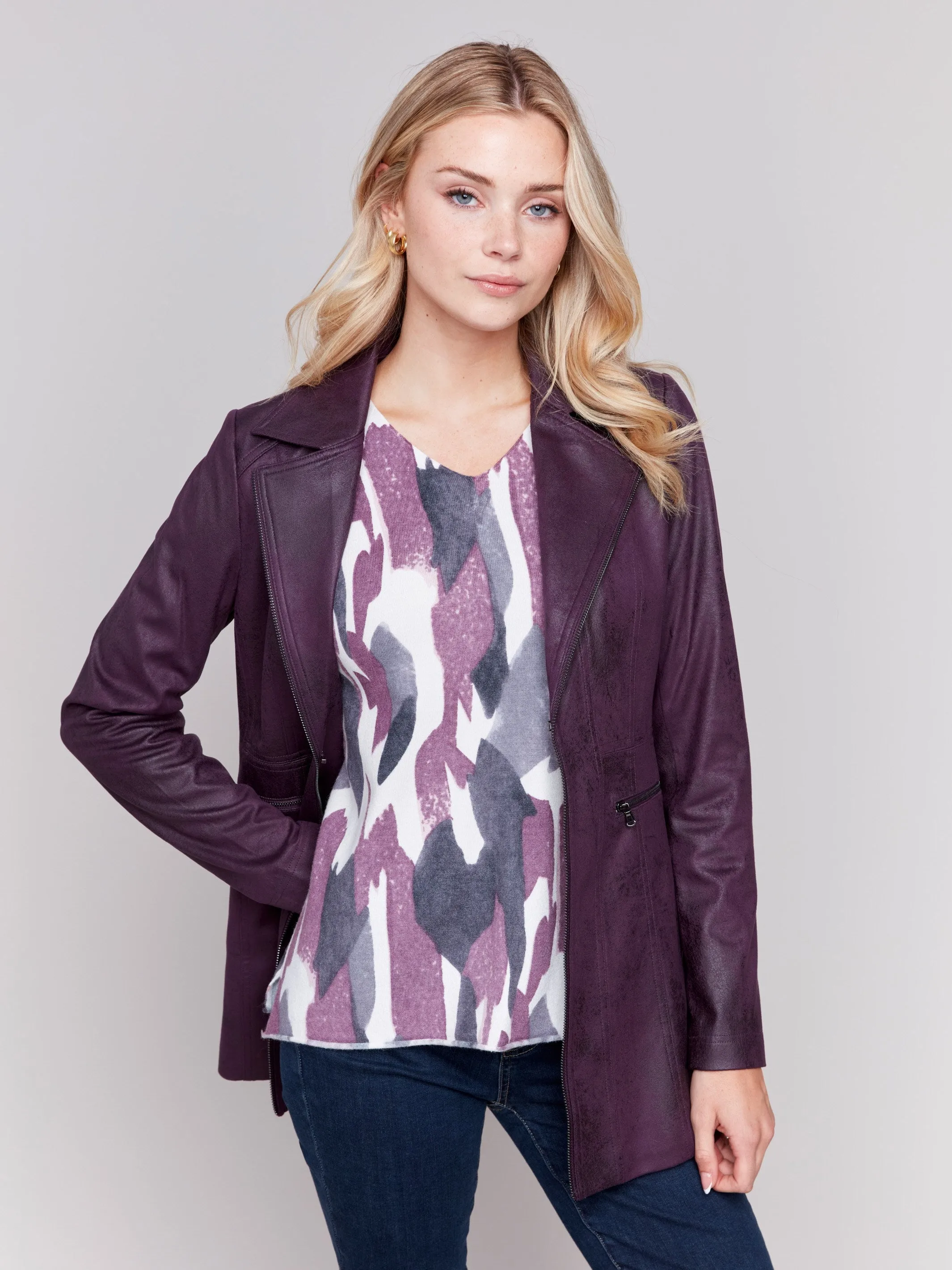 Long Vintage Faux Suede Jacket - Plum