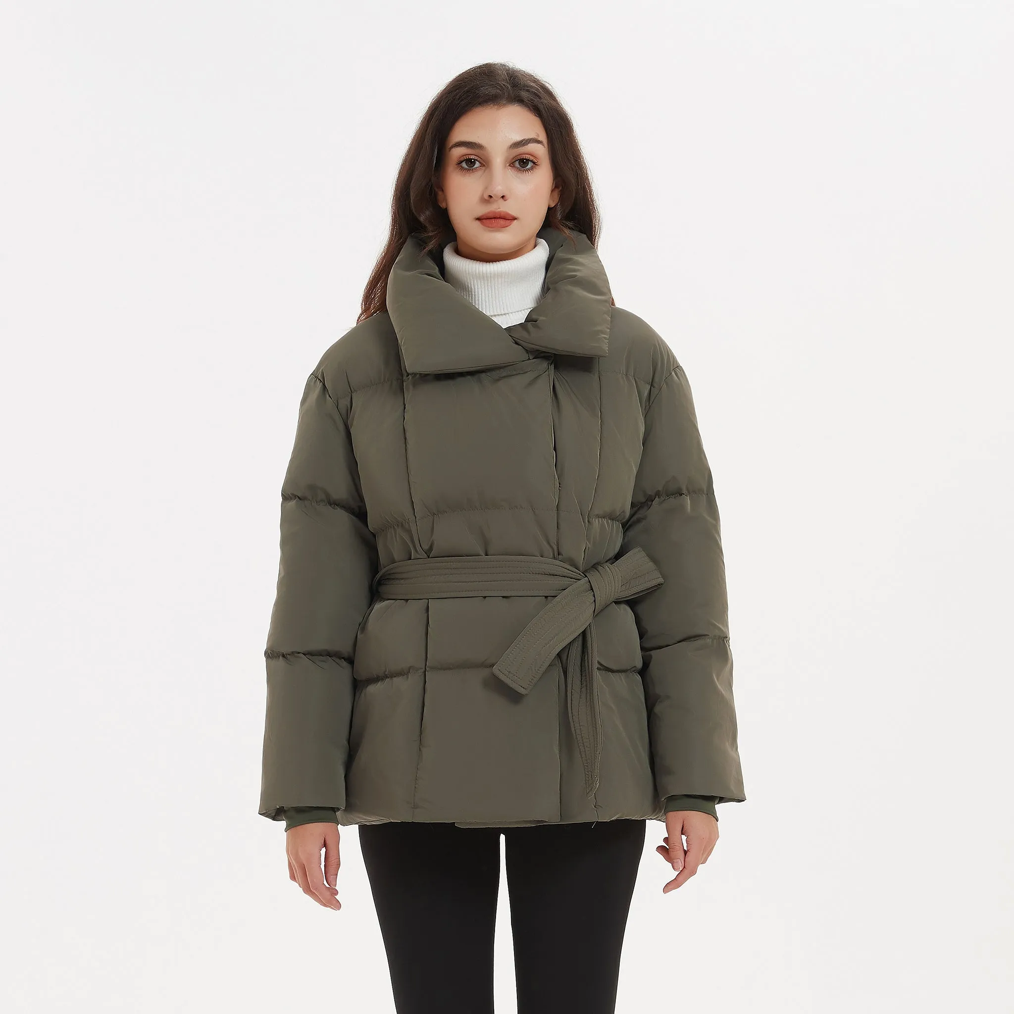 Malina Winter Thick Stand Collar Parkas Women Fashion Tie Waist Coats Women Elegant Solid Short Padded Jackets Female Ladies