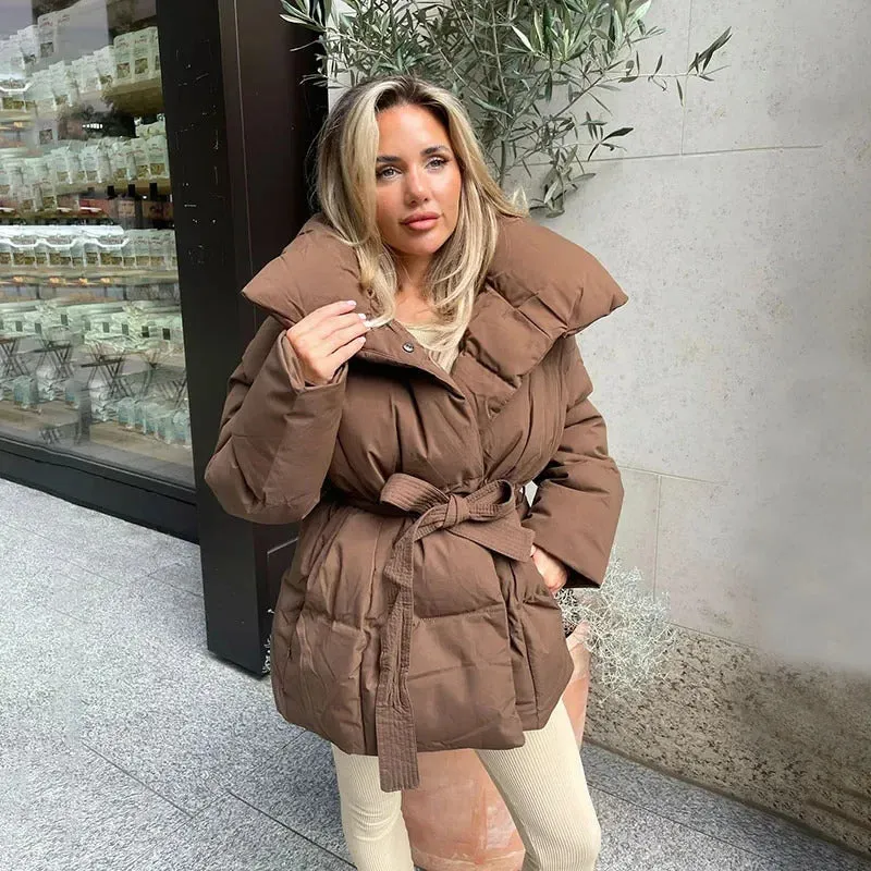 Malina Winter Thick Stand Collar Parkas Women Fashion Tie Waist Coats Women Elegant Solid Short Padded Jackets Female Ladies