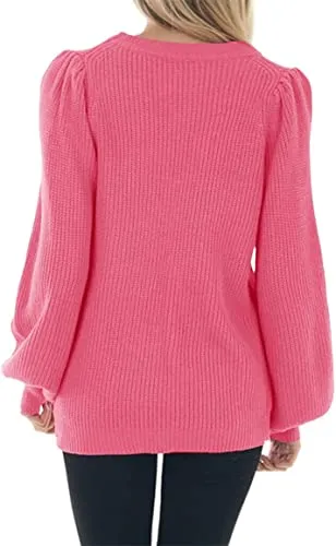 MaQiYa Women's Puff Long Sleeve Sweaters Oversized Crewneck Casual Fall Chunky Knit Loose Fit Pullover Sweater Tops Pink