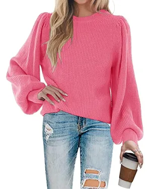 MaQiYa Women's Puff Long Sleeve Sweaters Oversized Crewneck Casual Fall Chunky Knit Loose Fit Pullover Sweater Tops Pink